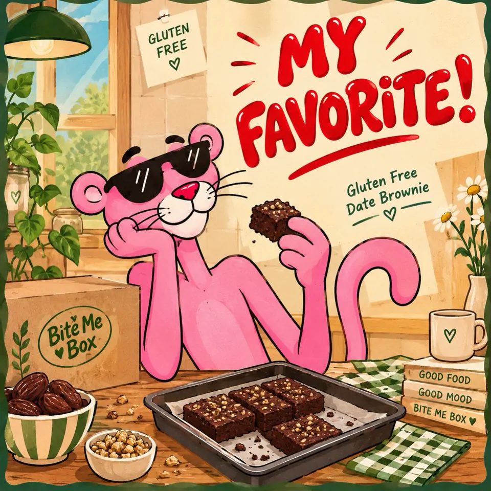 Güneş gözlüklü pembe panter maskot hurmalı browni yerken